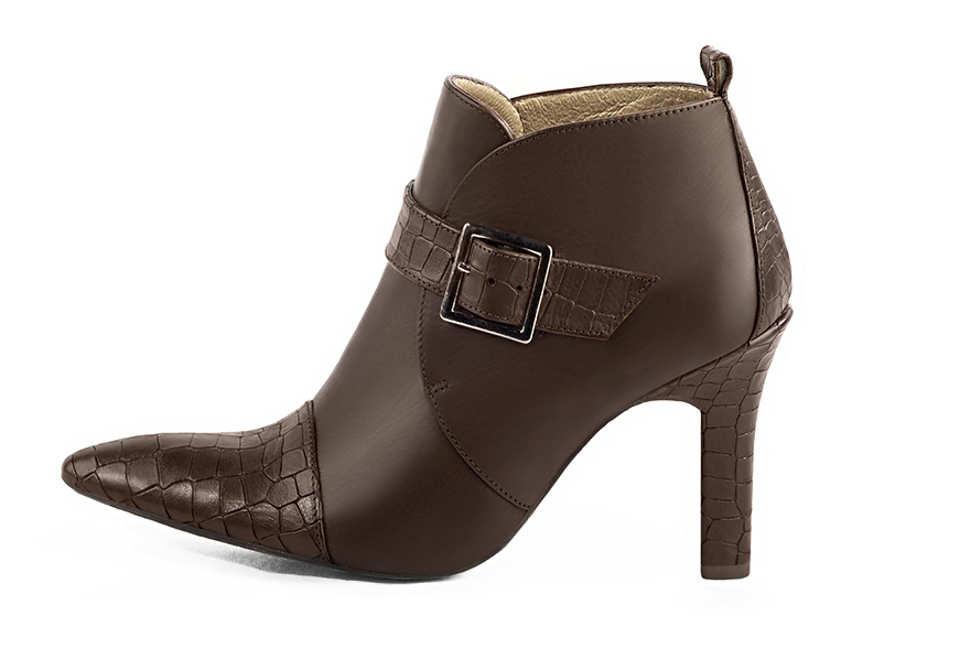 Dark brown women's ankle boots with buckles at the front. Tapered toe. Very high kitten heels. Profile view - Florence KOOIJMAN